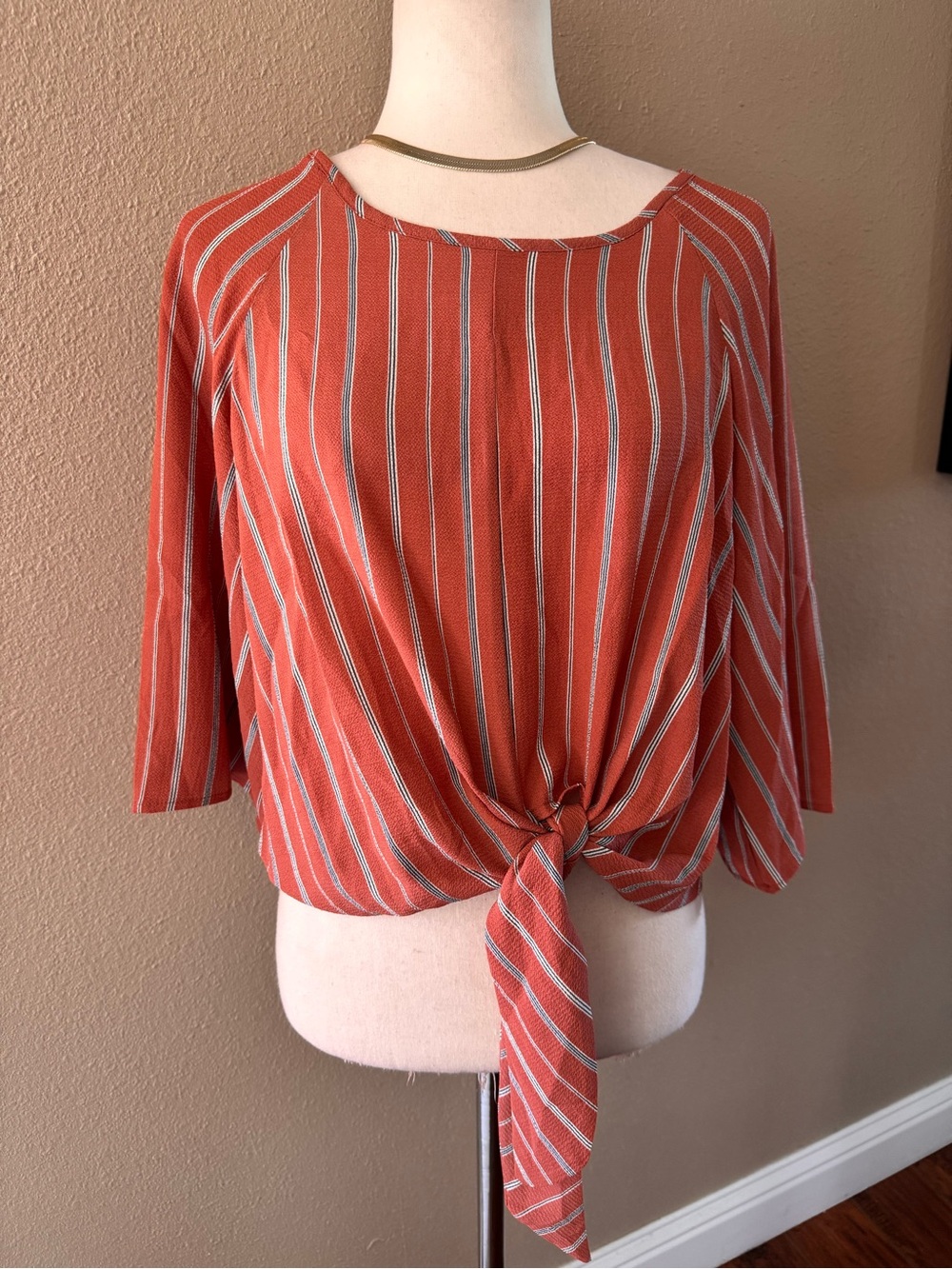 Striped Rust Tie-Front Blouse - Picture 7 of 12
